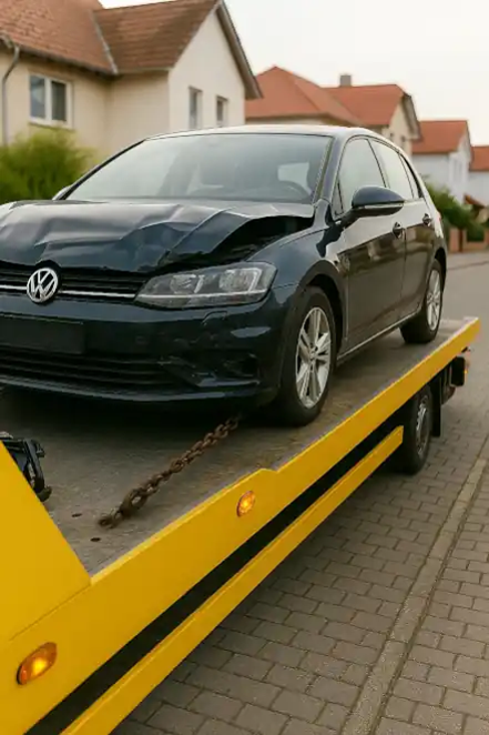 Ein defektes Auto, das für den Autoankauf in Rastatt abgeschleppt wird, um den Verkaufsprozess zu starten.
